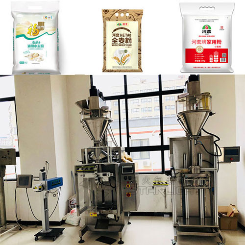 面粉包裝機械,全自動面粉包裝流水線實拍以及樣品圖